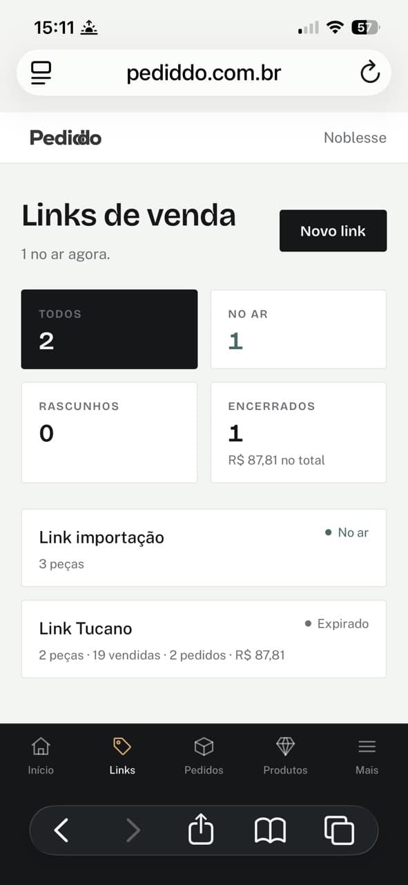Lista de links de venda no celular