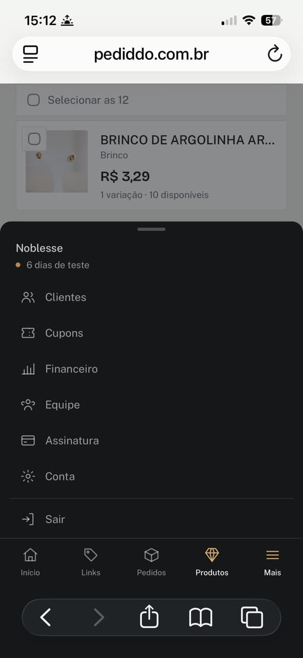 Menu do Pediddo no celular